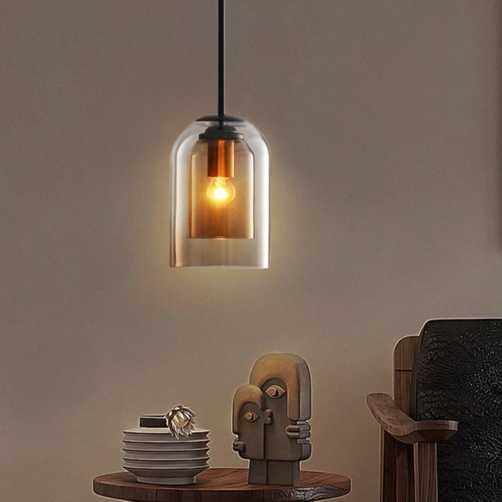 Mid-Century pendant lamp with double glass shades, polished iron fittings, smoke grey color, modern lighting for elegant spac