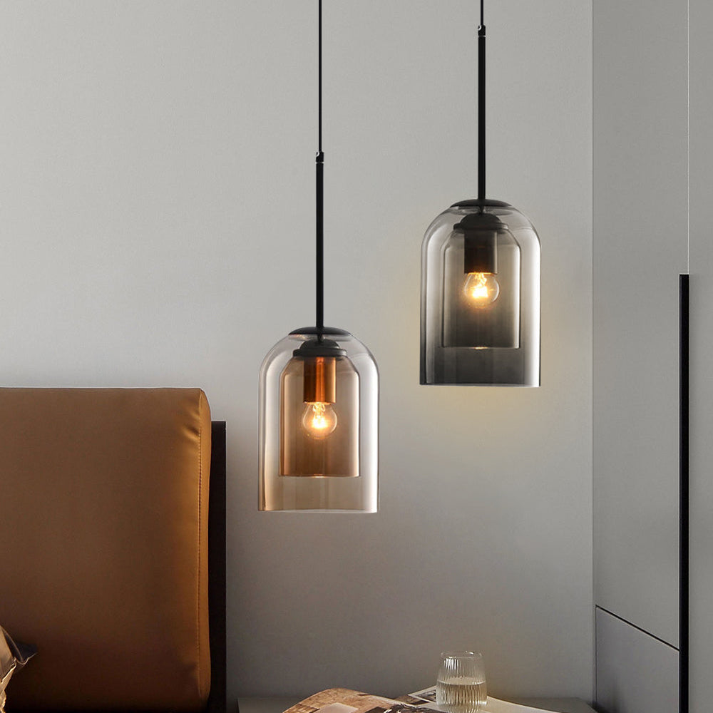 Mid-Century pendant lamp with double glass shades, polished iron fittings, smoke grey color, modern lighting for elegant spac