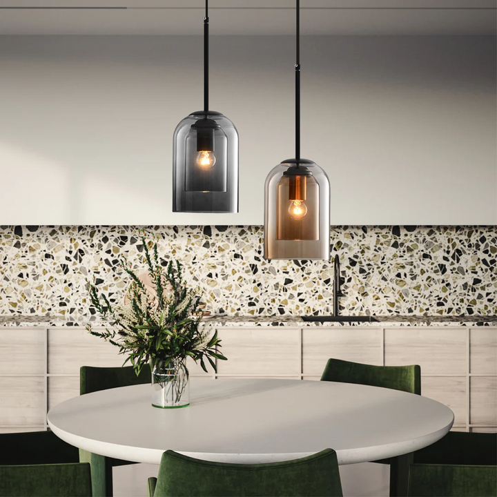 Mid-Century pendant lamp with double glass shades, polished iron fittings, smoke grey color, modern lighting for elegant spac