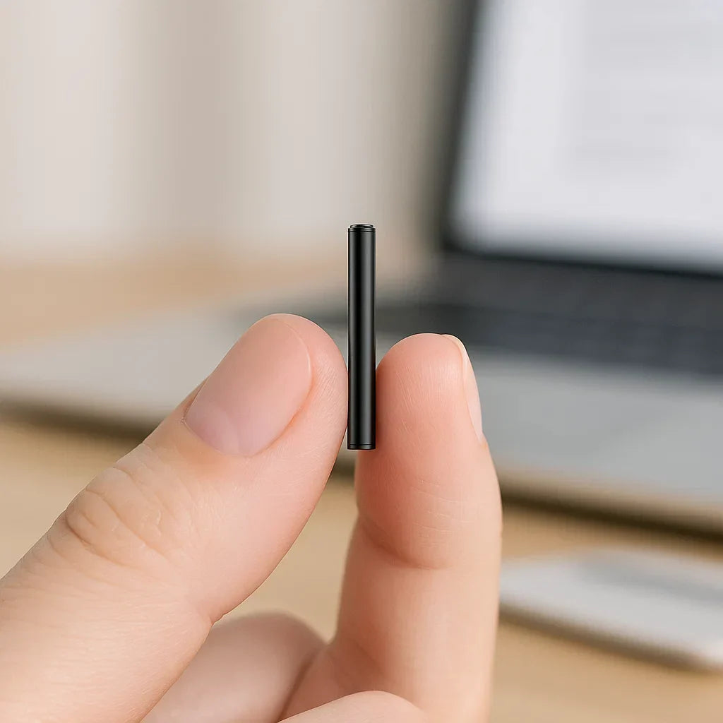 "Miniature voice recorder for stealth audio, compact design, high-fidelity recording, voice activation, pocket-sized."