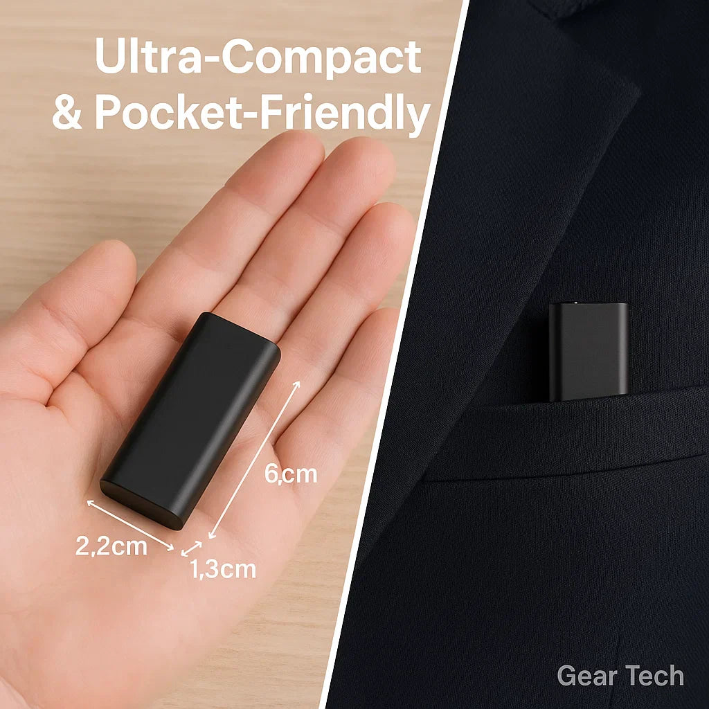 "Miniature voice recorder for stealth audio, compact design, high-fidelity recording, voice activation, pocket-sized."