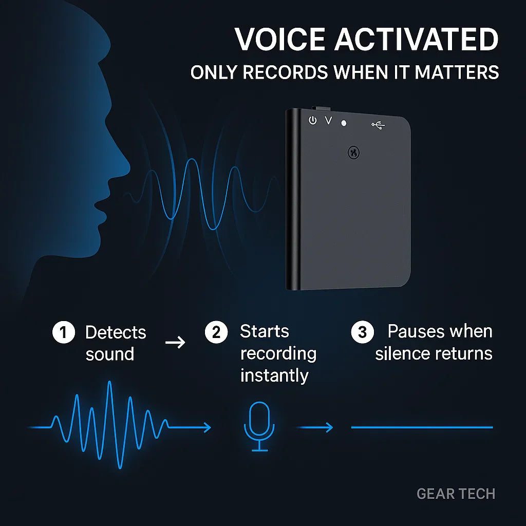 "Miniature voice recorder for stealth audio, compact design, high-fidelity recording, voice activation, pocket-sized."