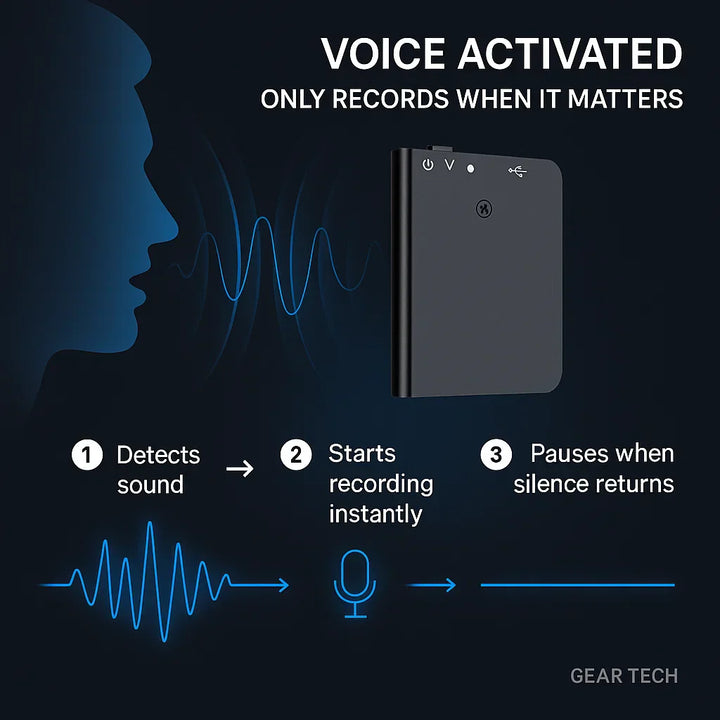 "Miniature voice recorder for stealth audio, compact design, high-fidelity recording, voice activation, pocket-sized."