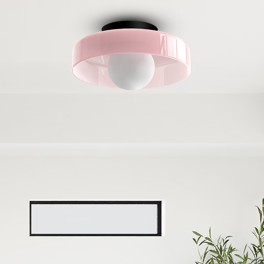 "Minimal flush mount ceiling light with frosted shade, sleek finish, offers soft illumination; ideal for modern and tradition