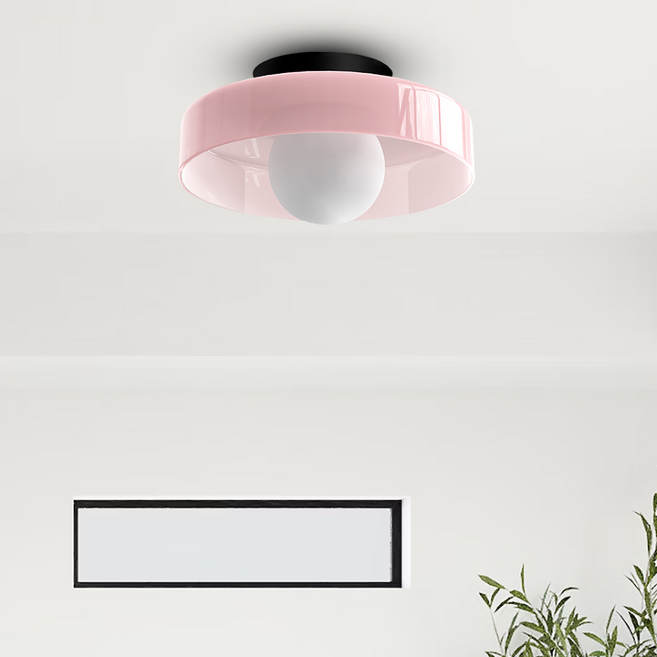 "Minimal flush mount ceiling light with frosted shade, sleek finish, offers soft illumination; ideal for modern and tradition