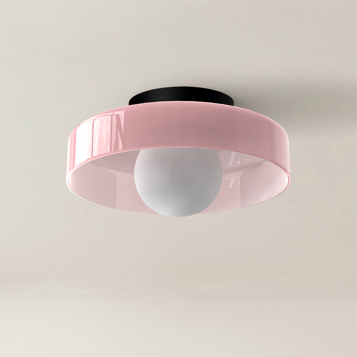"Minimal flush mount ceiling light with frosted shade, sleek finish, offers soft illumination; ideal for modern and tradition