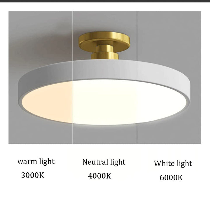 "Minimalist LED ceiling light, semi-flush design, brightens spaces with elegant style and energy-efficient glow."