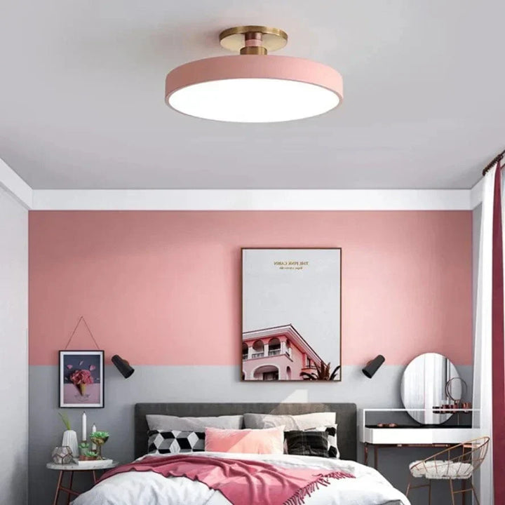 "Minimalist Nordic Macaron LED Ceiling Light in vibrant colors, round design, perfect for modern interior decor."