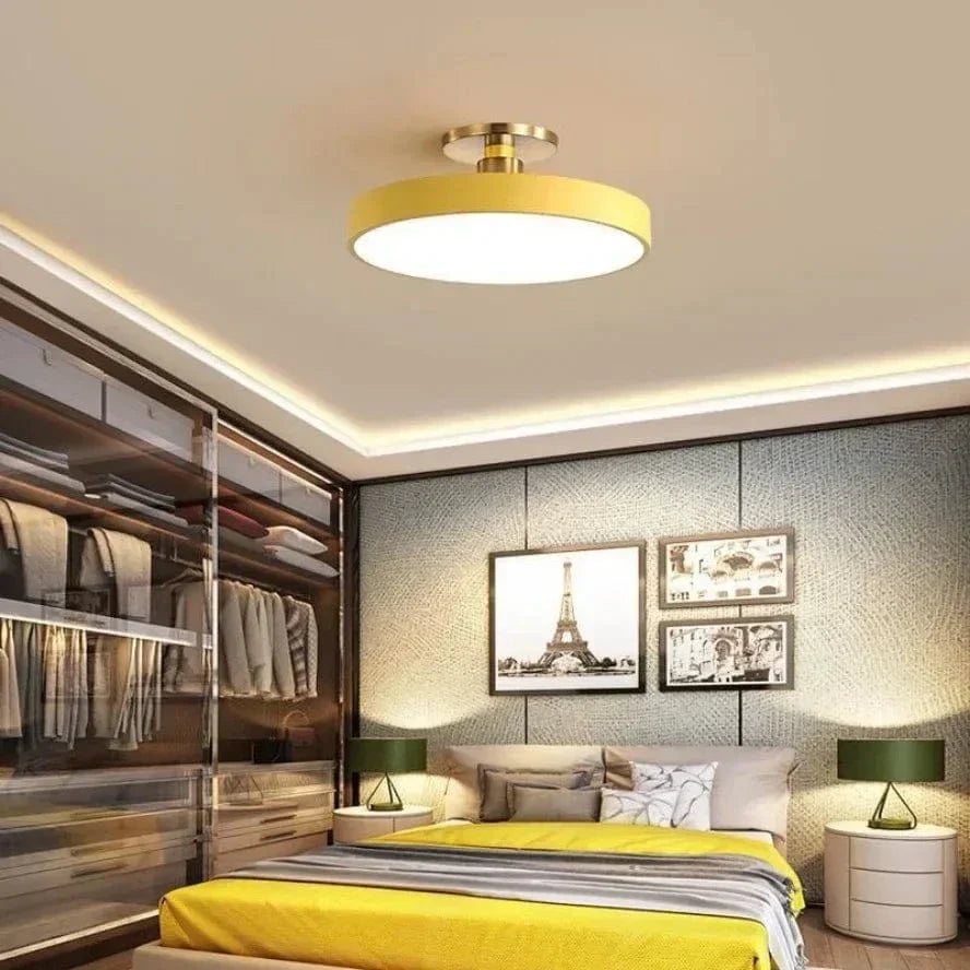 "Minimalist Nordic Macaron LED Ceiling Light in vibrant colors, round design, perfect for modern interior decor."