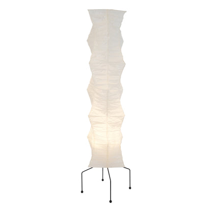 "Minimalist rice paper floor lamp with sleek metal frame and soft diffused light, perfect for creating a warm ambiance."