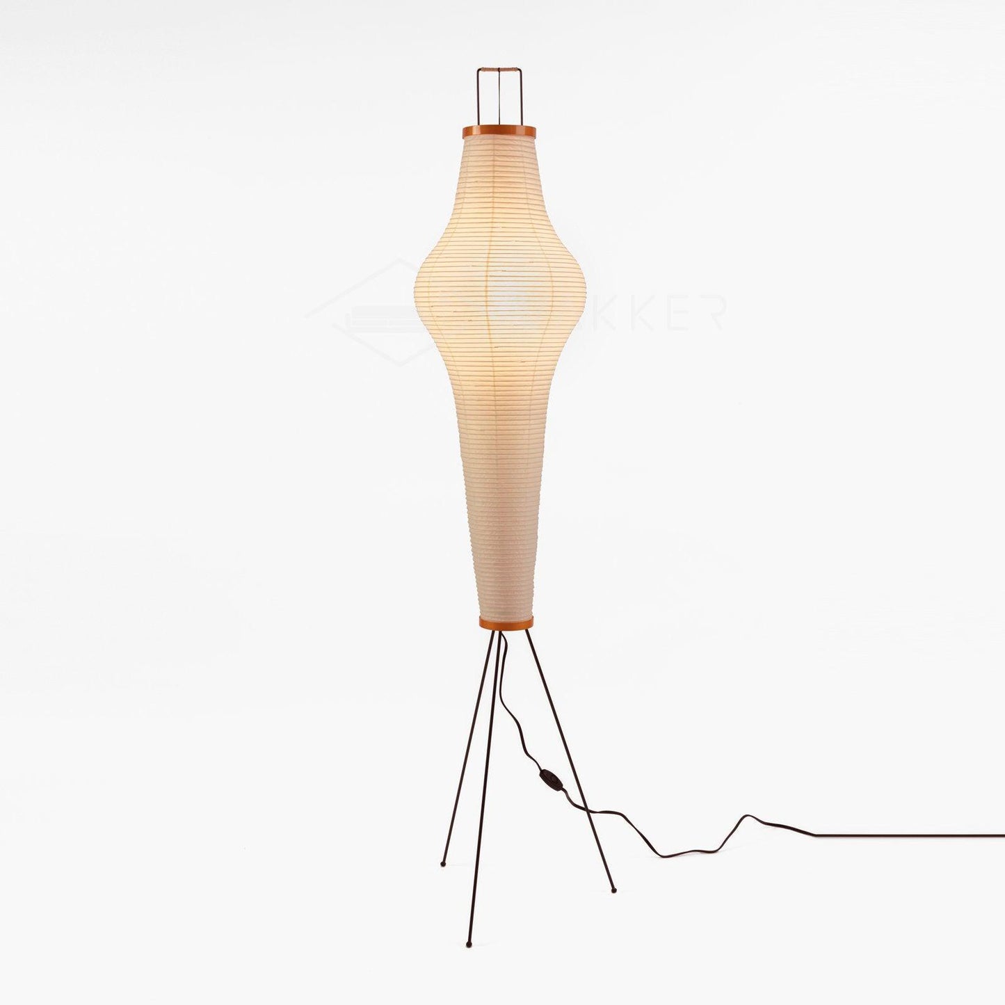 "Minimalist rice paper floor lamp with sleek metal frame and soft diffused light, perfect for creating a warm ambiance."