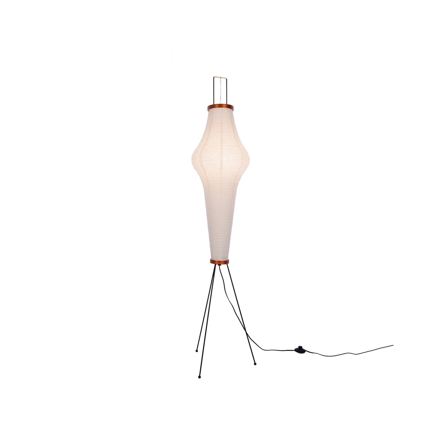 "Minimalist rice paper floor lamp with sleek metal frame and soft diffused light, perfect for creating a warm ambiance."