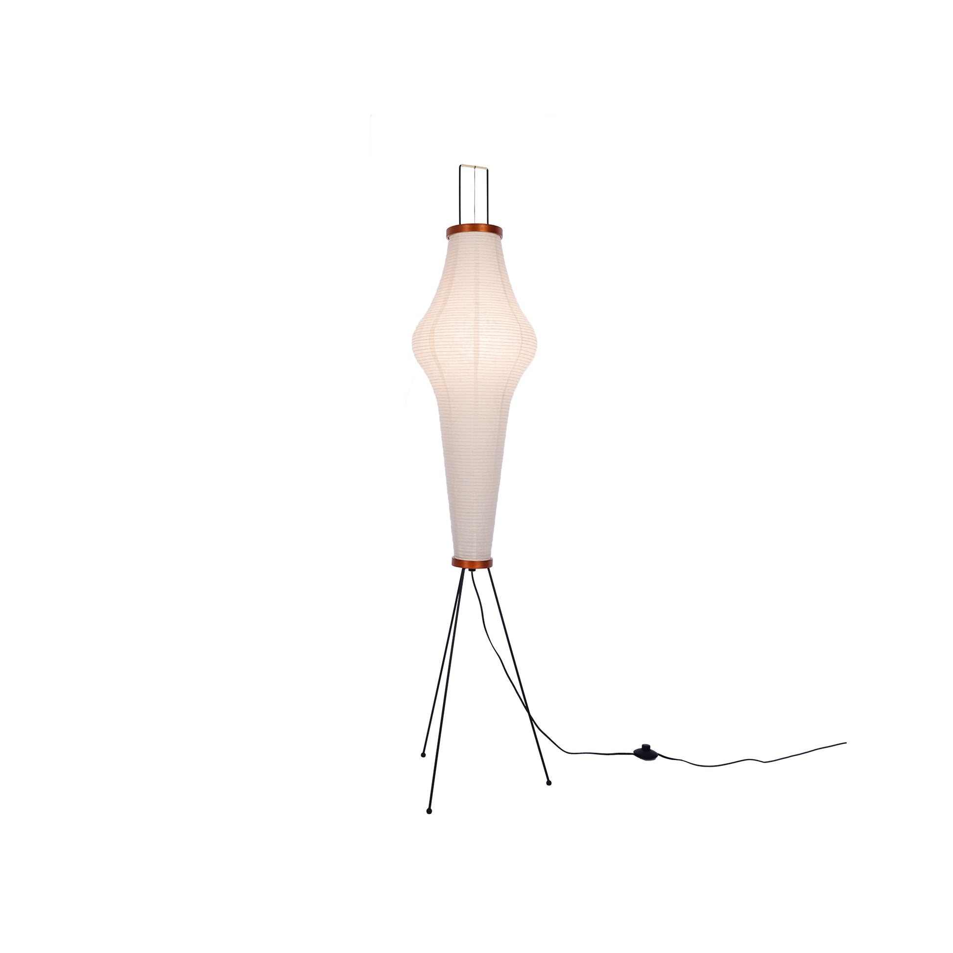 "Minimalist rice paper floor lamp with sleek metal frame and soft diffused light, perfect for creating a warm ambiance."