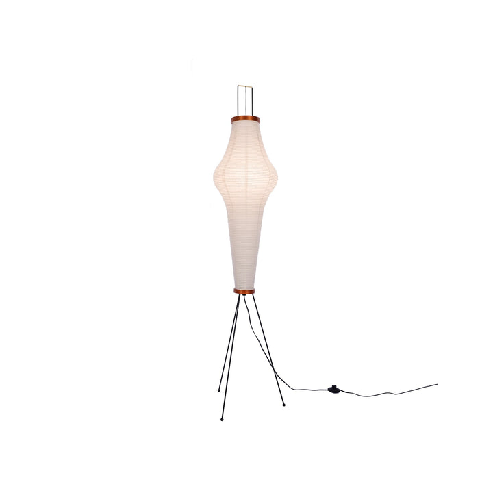 "Minimalist rice paper floor lamp with sleek metal frame and soft diffused light, perfect for creating a warm ambiance."