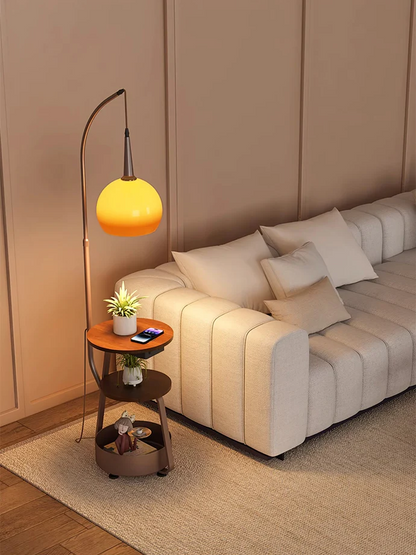 "Modern bedside lamp with Bauhaus design, metal and wood finish, warm ambient lighting, perfect for stylish bedrooms."