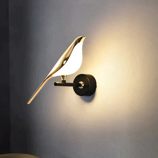 Modern bird-shaped wall lamp, gold-plated LED, magnetic positioning; ideal for living room decor with warm, natural, cold lig
