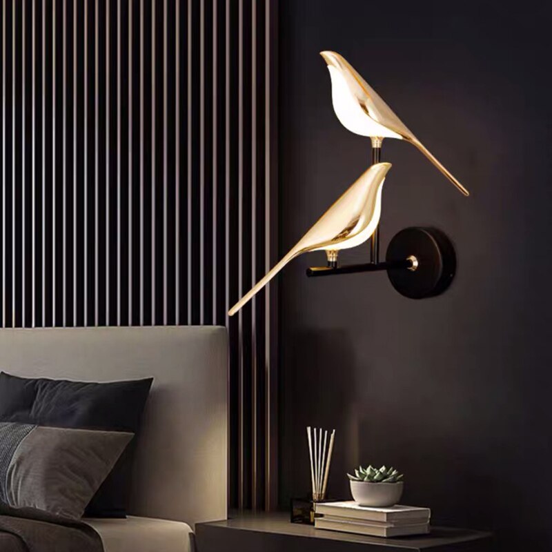 Modern bird-shaped wall lamp, gold-plated LED, magnetic positioning; ideal for living room decor with warm, natural, cold lig