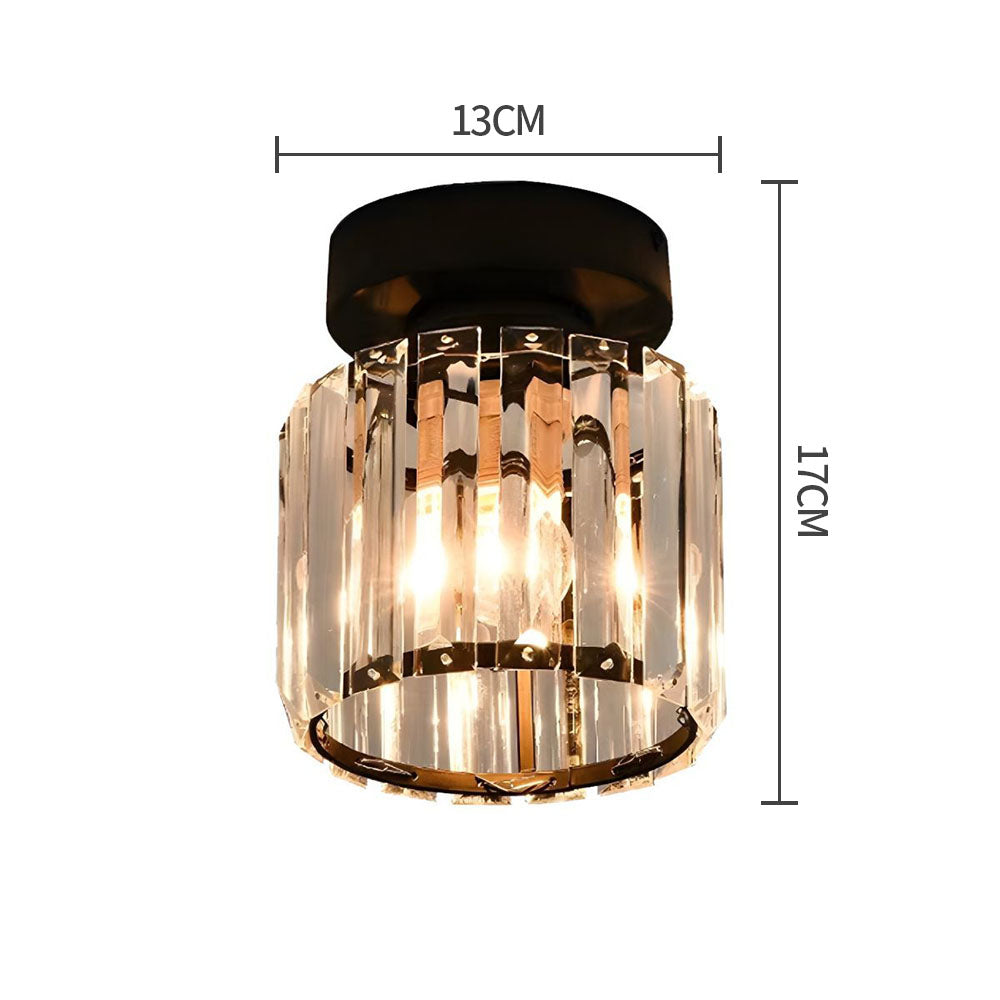 Modern black crystal flush mount ceiling light, sleek brass fixture, crystal shade, ideal for rooms with low ceilings.