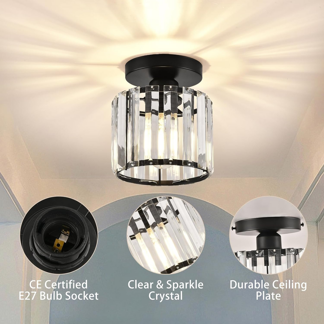 Modern black crystal flush mount ceiling light, sleek brass fixture, crystal shade, ideal for rooms with low ceilings.