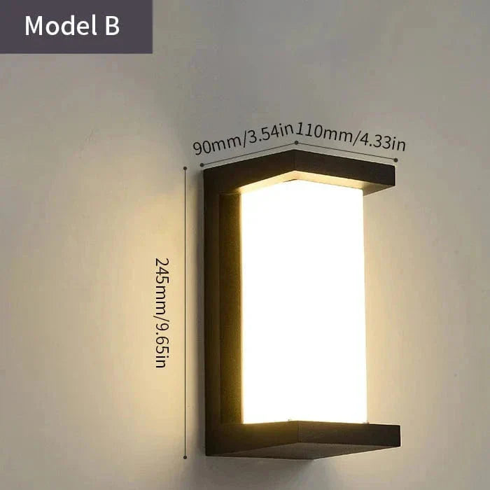 Modern black LED outdoor wall light with motion sensor, waterproof ABS, enhances security, suits balconies, porches, gardens.