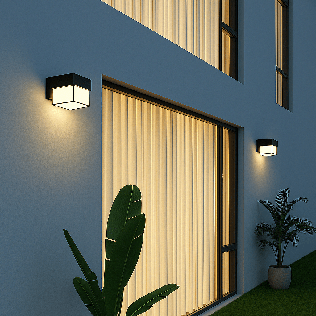 Modern black LED outdoor wall light with motion sensor, waterproof ABS, enhances security, suits balconies, porches, gardens.
