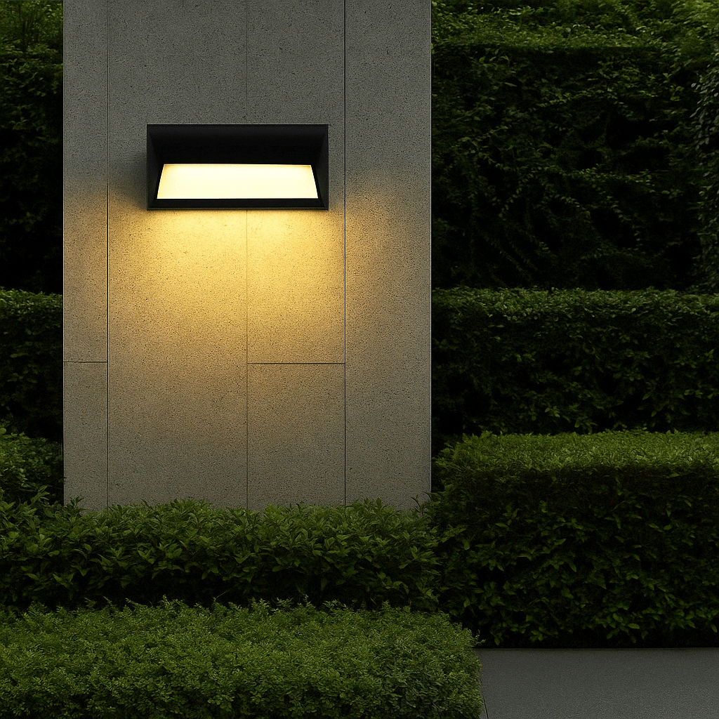 Modern black LED outdoor wall light with motion sensor, waterproof ABS, enhances security, suits balconies, porches, gardens.