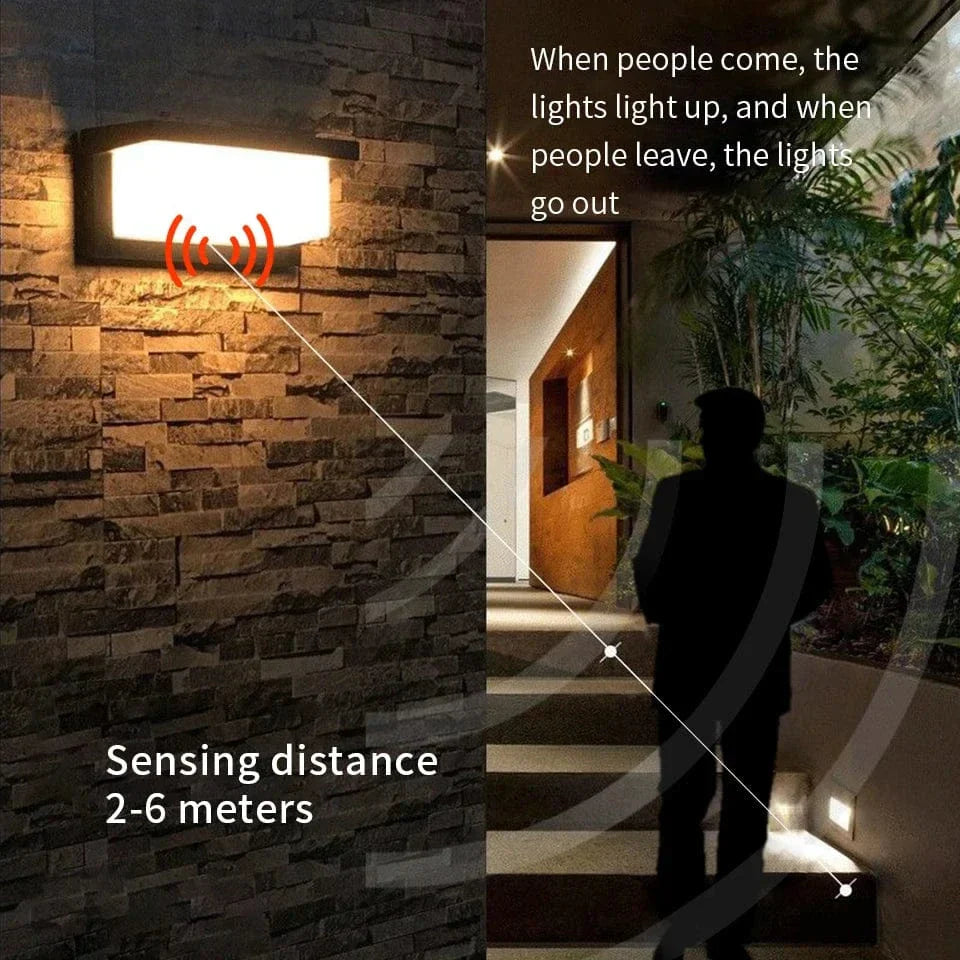 Modern black LED outdoor wall light with motion sensor, waterproof ABS, enhances security, suits balconies, porches, gardens.