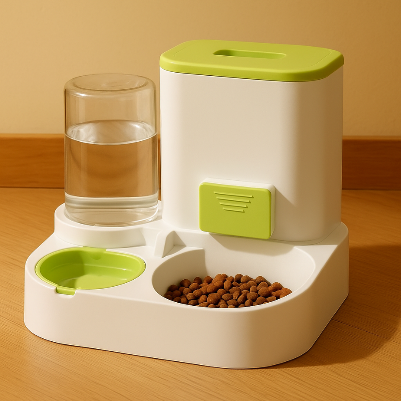 "Modern cat feeder with auto water dispenser, grey, sleek design, large 2.2kg food and 1L water capacity, pet supplies"