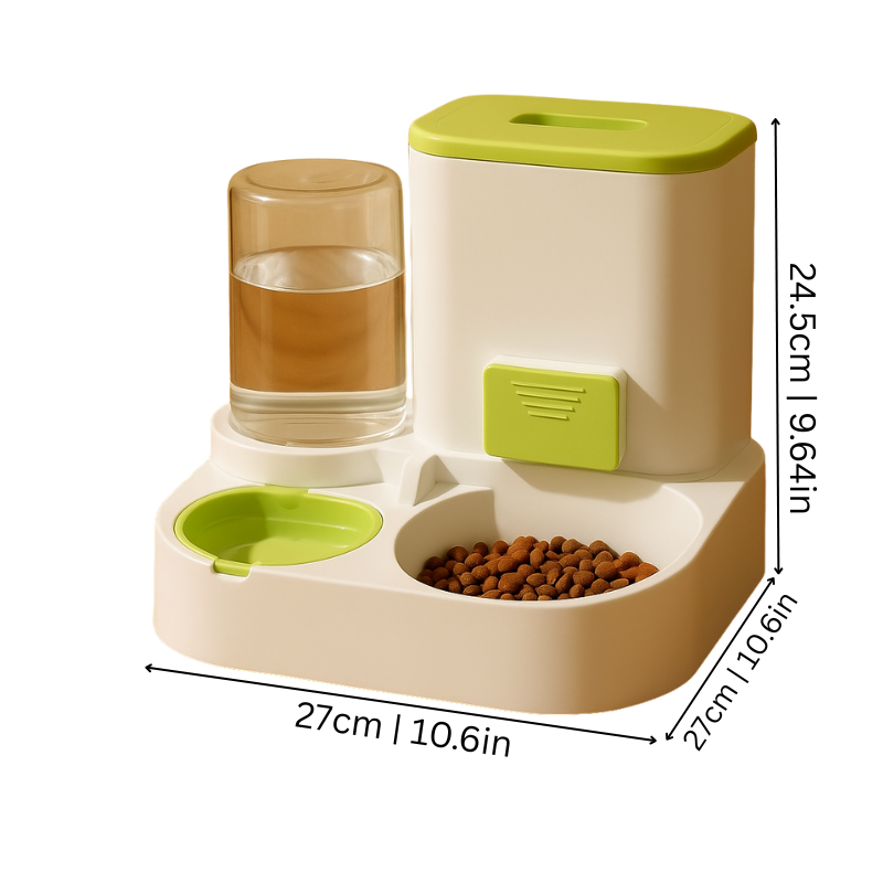 "Modern cat feeder with auto water dispenser, grey, sleek design, large 2.2kg food and 1L water capacity, pet supplies"