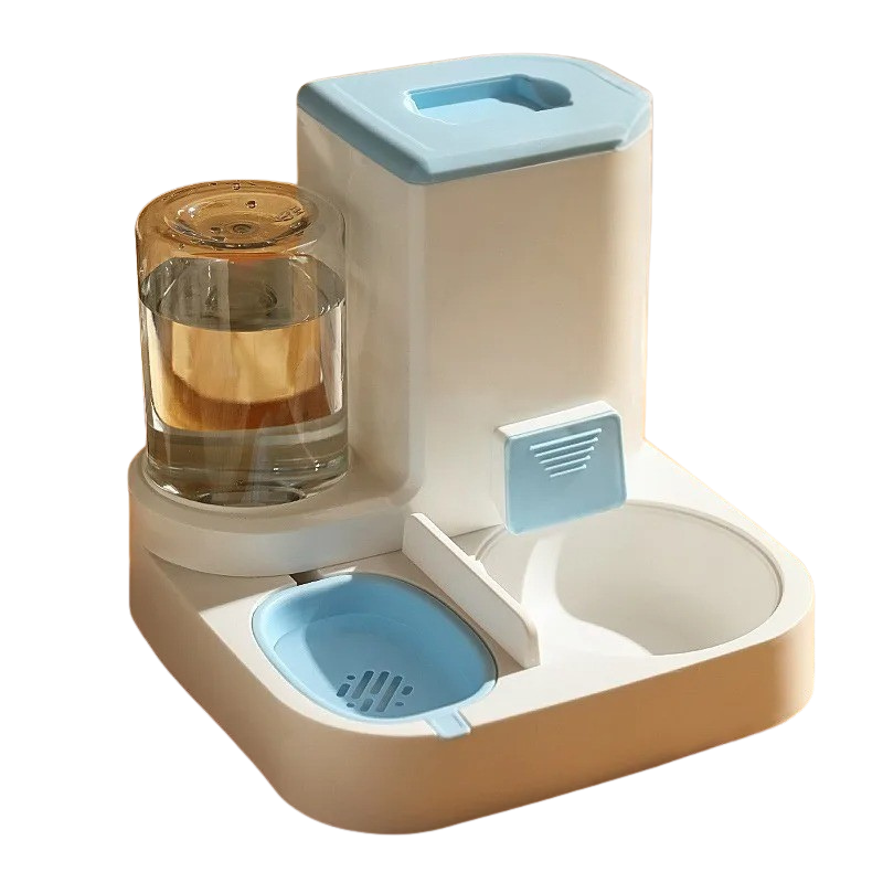 "Modern cat feeder with auto water dispenser, grey, sleek design, large 2.2kg food and 1L water capacity, pet supplies"