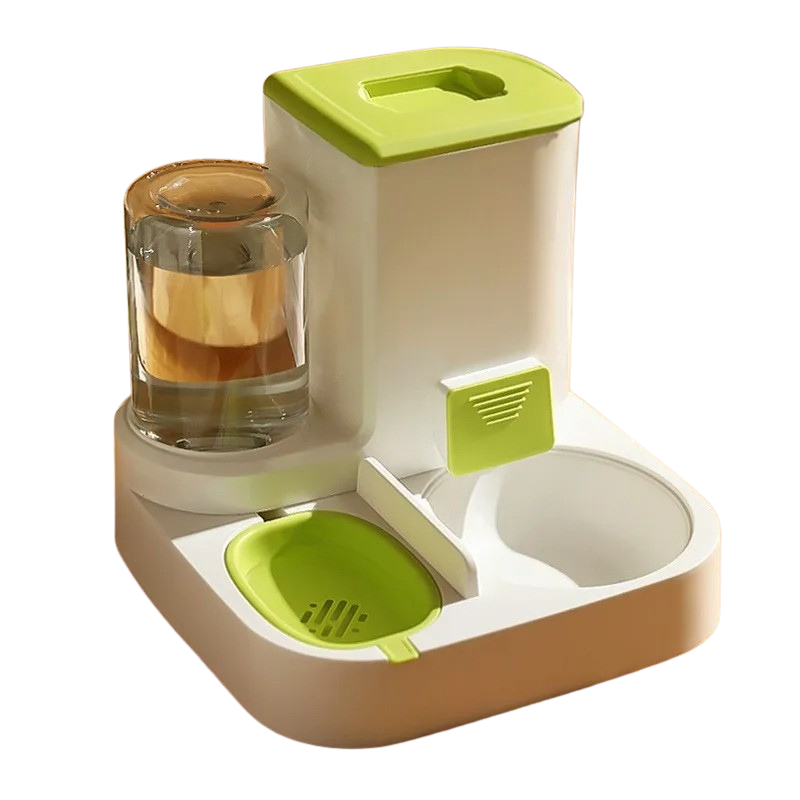 "Modern cat feeder with auto water dispenser, grey, sleek design, large 2.2kg food and 1L water capacity, pet supplies"