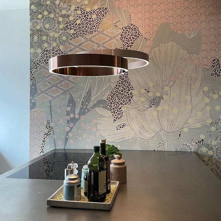 "Modern circular LED pendant light in minimal design, black finish, ideal for elegant home interiors and efficient lighting."