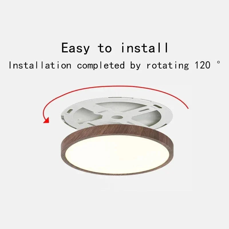 "Modern Circular Ultrathin Wooden LED Ceiling Light with natural or walnut finish, sleek 2.5 cm thick design, 30-40 cm size."
