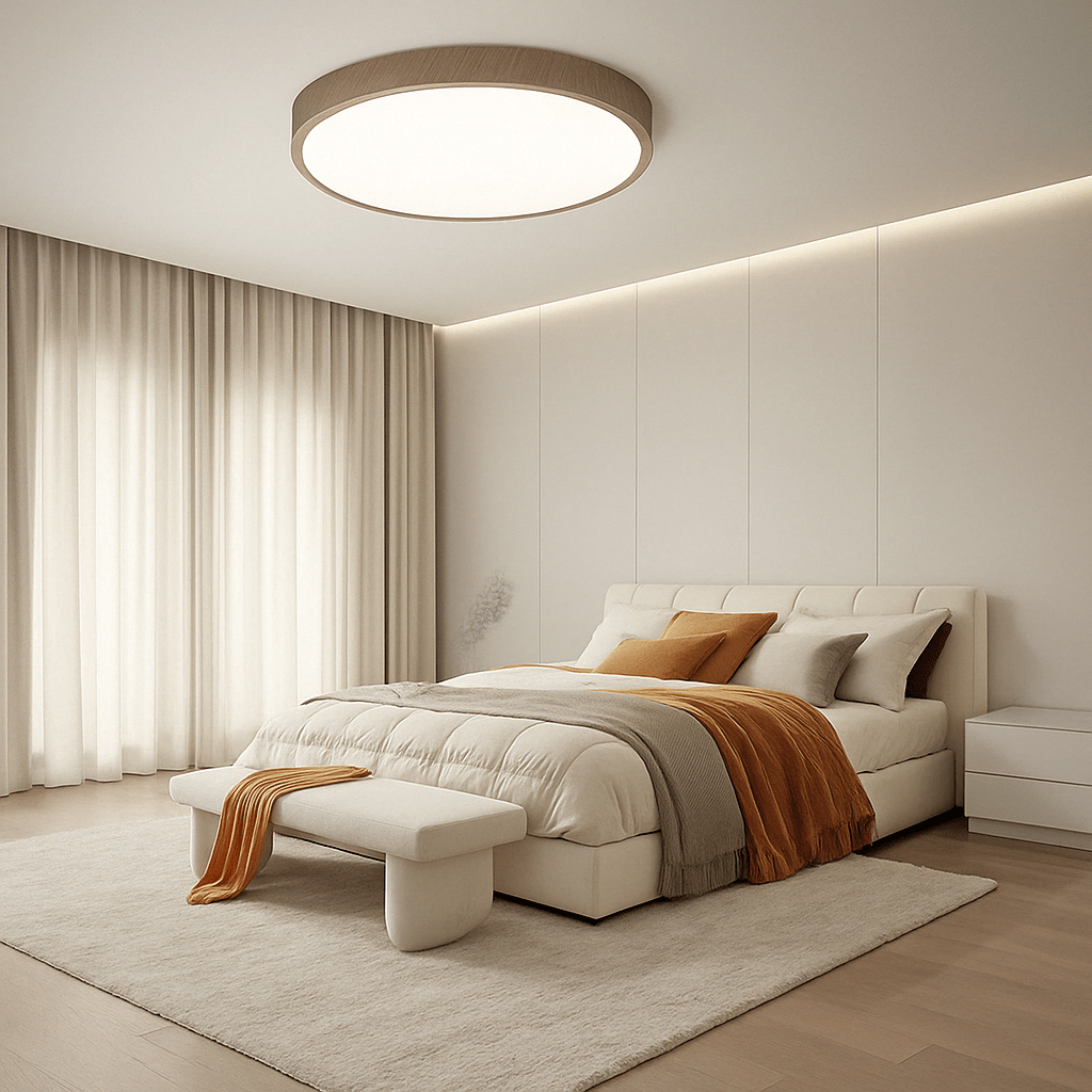 "Modern Circular Ultrathin Wooden LED Ceiling Light with natural or walnut finish, sleek 2.5 cm thick design, 30-40 cm size."