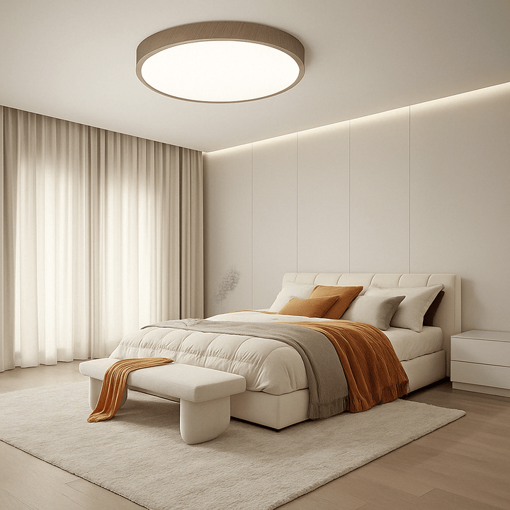 "Modern Circular Ultrathin Wooden LED Ceiling Light with natural or walnut finish, sleek 2.5 cm thick design, 30-40 cm size."