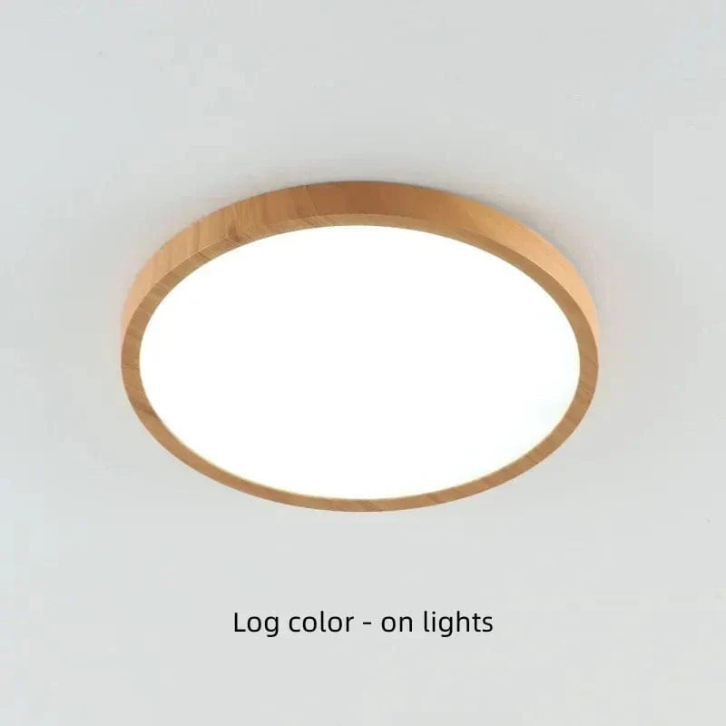 "Modern Circular Ultrathin Wooden LED Ceiling Light with natural or walnut finish, sleek 2.5 cm thick design, 30-40 cm size."