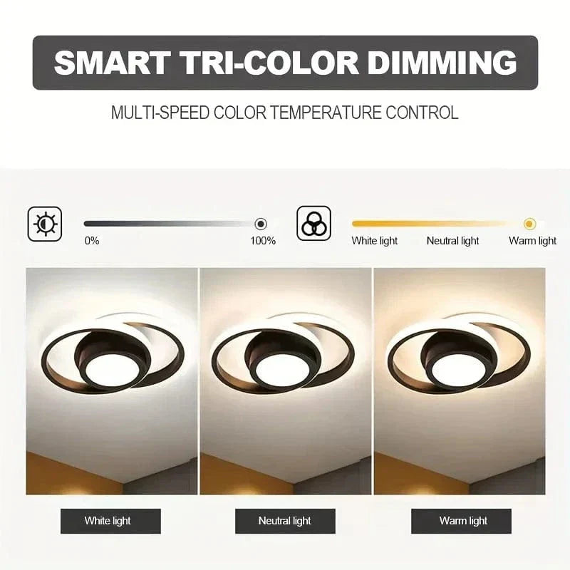 "Modern dimmable LED flush mount ceiling light, 3-colour options, sleek round design, fits low ceilings, energy-efficient"