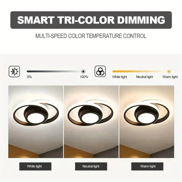 "Modern dimmable LED flush mount ceiling light, 3-colour options, sleek round design, fits low ceilings, energy-efficient"