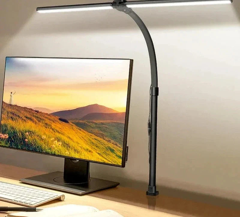"Modern dual-head LED desk lamp, sleek black design, adjustable arms, ideal for office lighting and workspace focus."
