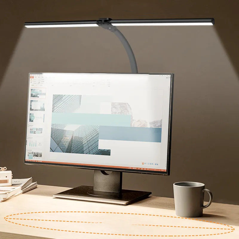 "Modern dual-head LED desk lamp, sleek black design, adjustable arms, ideal for office lighting and workspace focus."