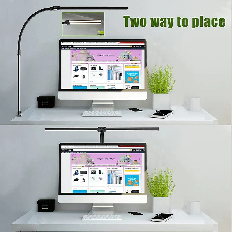 "Modern dual-head LED desk lamp, sleek black design, adjustable arms, ideal for office lighting and workspace focus."