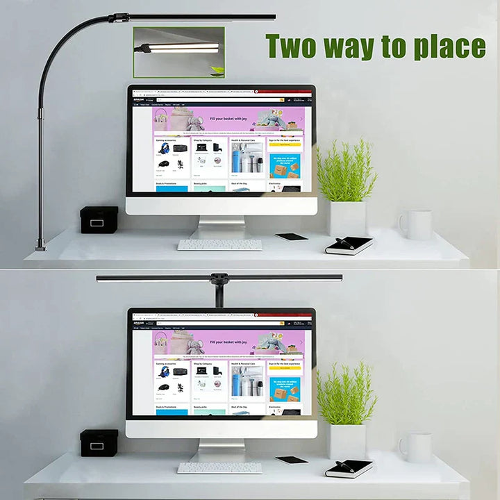 "Modern dual-head LED desk lamp, sleek black design, adjustable arms, ideal for office lighting and workspace focus."