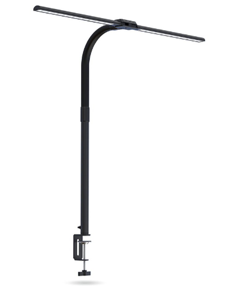 "Modern dual-head LED desk lamp, sleek black design, adjustable arms, ideal for office lighting and workspace focus."