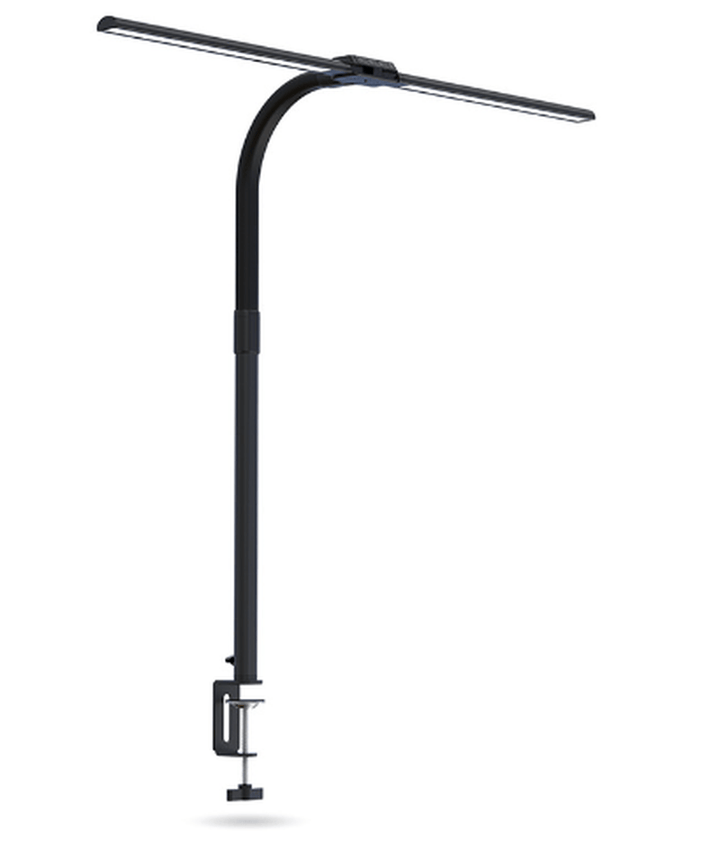 "Modern dual-head LED desk lamp, sleek black design, adjustable arms, ideal for office lighting and workspace focus."
