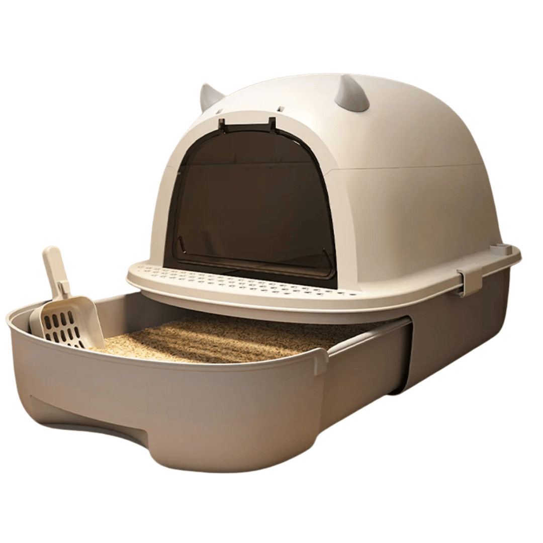 "Modern enclosed cat litter box with swing door, pull-out tray, high walls in grey and white, stylish pet supplies solution."