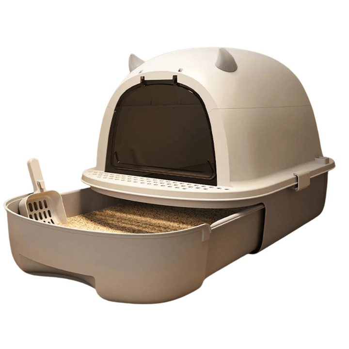 "Modern enclosed cat litter box with swing door, pull-out tray, high walls in grey and white, stylish pet supplies solution."