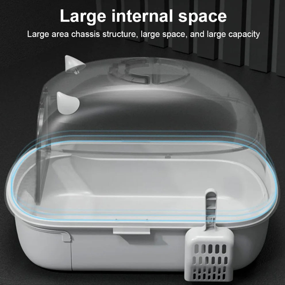 "Modern enclosed cat litter box with swing door, pull-out tray, high walls in grey and white, stylish pet supplies solution."