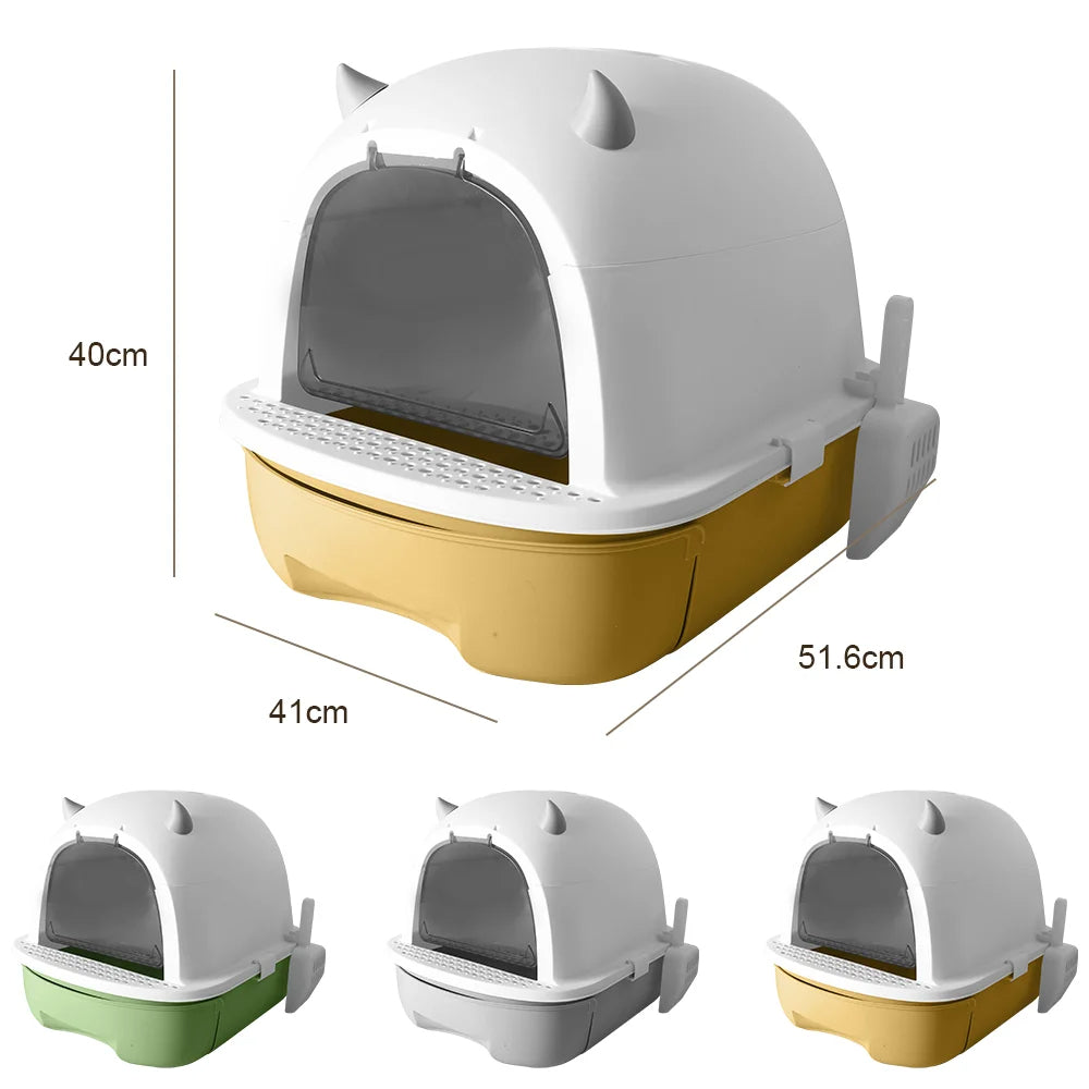 "Modern enclosed cat litter box with swing door, pull-out tray, high walls in grey and white, stylish pet supplies solution."