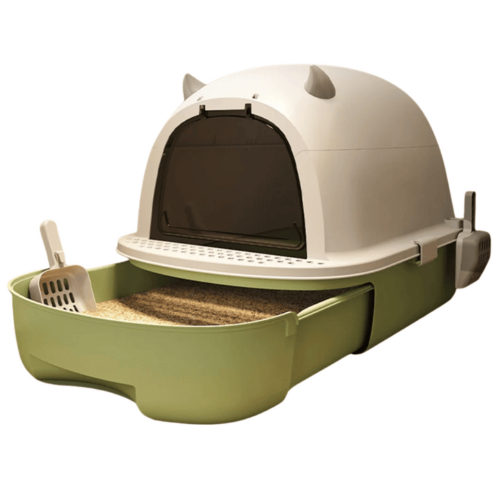 "Modern enclosed cat litter box with swing door, pull-out tray, high walls in grey and white, stylish pet supplies solution."