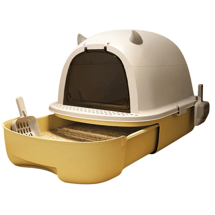 "Modern enclosed cat litter box with swing door, pull-out tray, high walls in grey and white, stylish pet supplies solution."